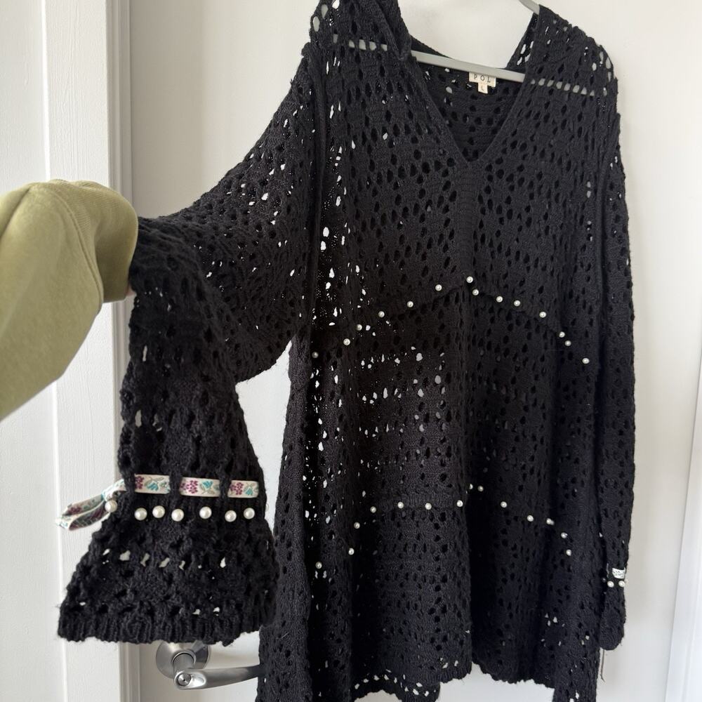 POL open Knit Long Sleeve Hoodie‎ Crotchet Top Pull Over Beach Cover Up SZ L